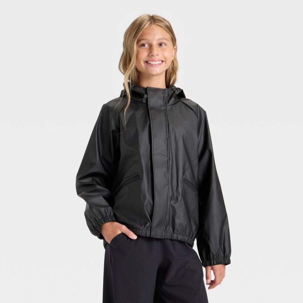 Girls' Hooded Rain Coat - All In Motion Black S
